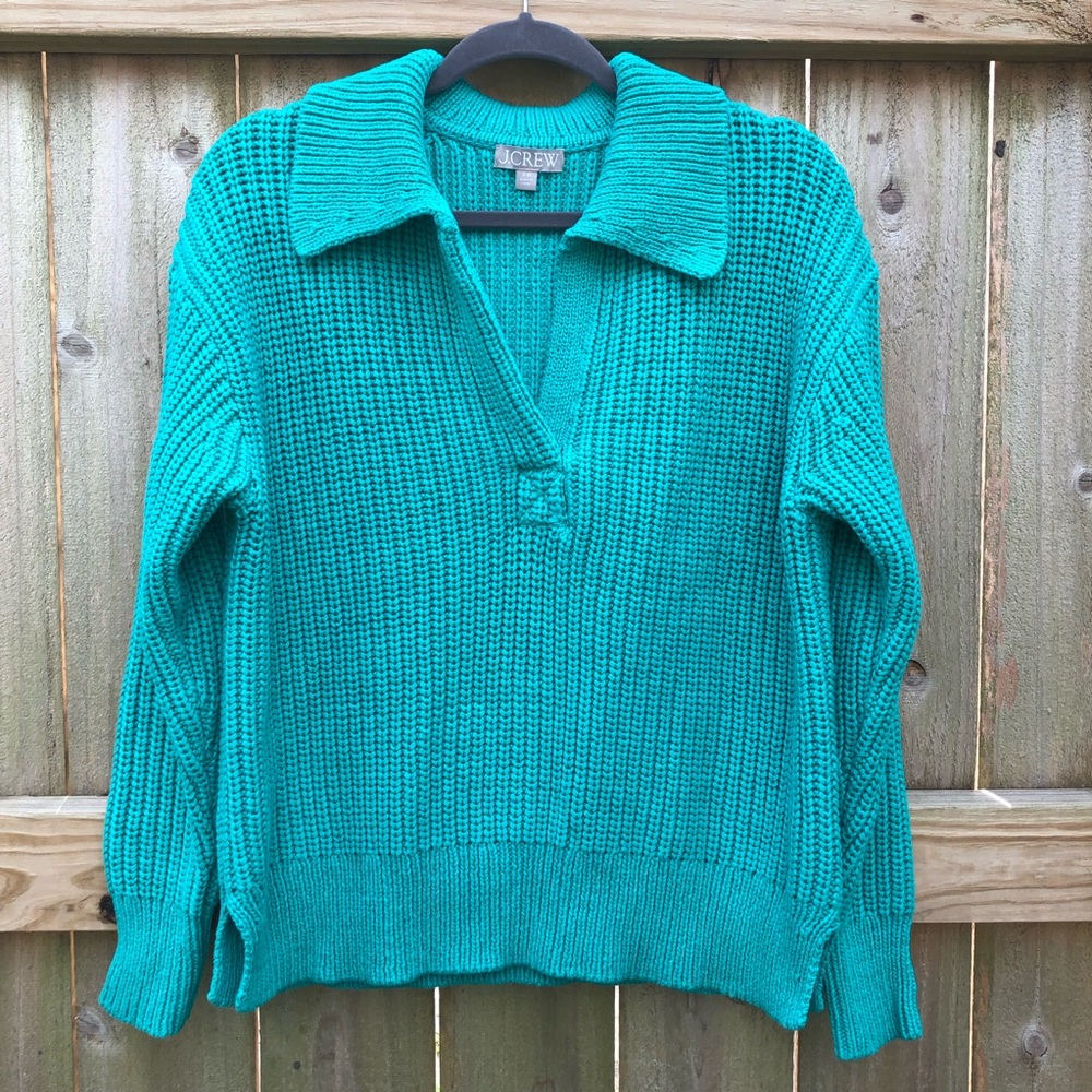 J. Crew Women's Johnny Collar Ribbed Sweater Size M Teal Thick Chunky Knit BS966